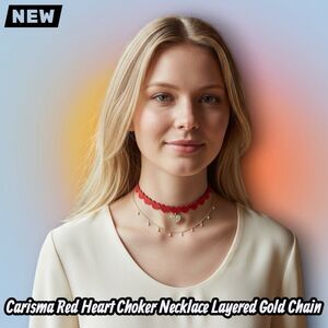 New Carisma Red Heart Choker Necklace Layered Gold Chain Rhinestone Heart